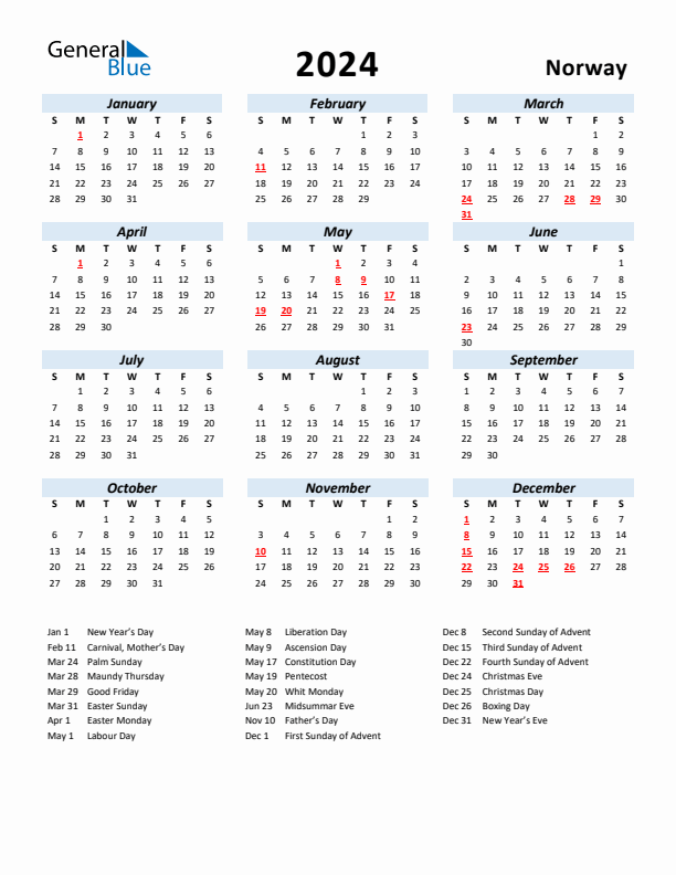 2024 Calendar for Norway with Holidays