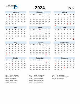 Peru current year calendar 2024 with holidays