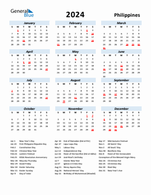 Philippines current year calendar 2024 with holidays