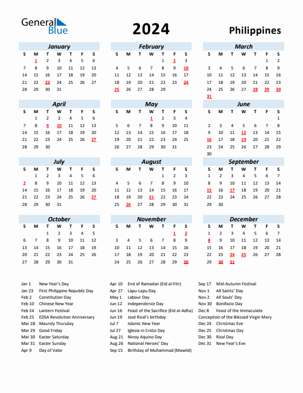 2024 Calendar for Philippines with Holidays