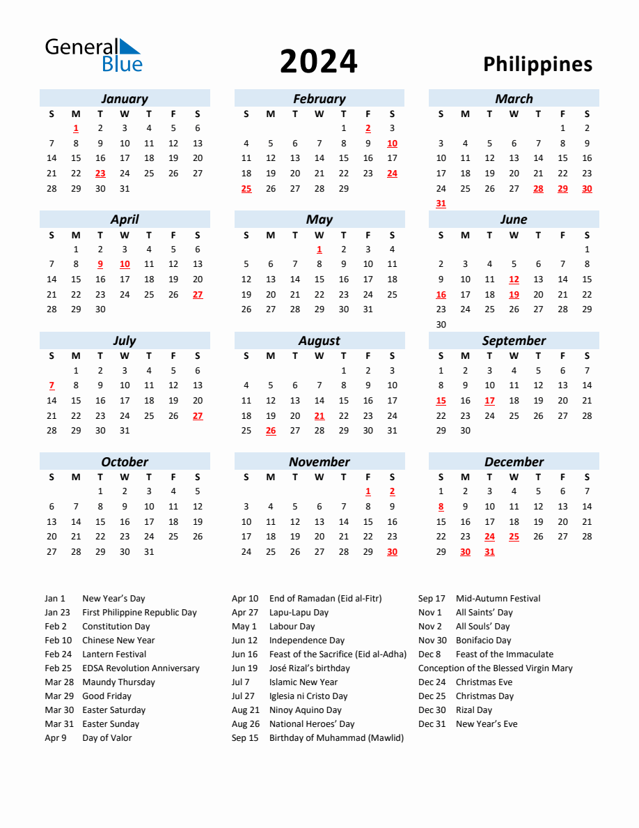 2024 Yearly Calendar for Philippines with Holidays