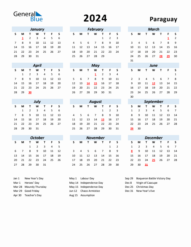 2024 Calendar for Paraguay with Holidays