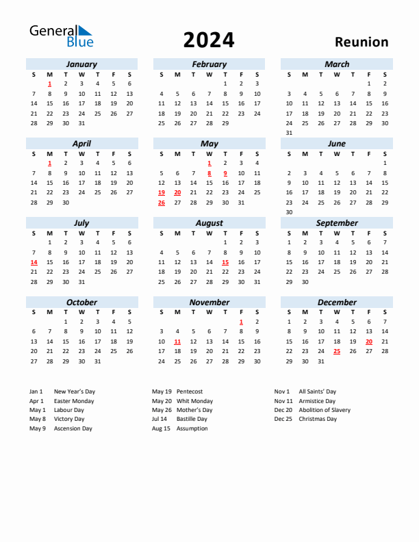 2024 Yearly Calendar for Reunion with Holidays