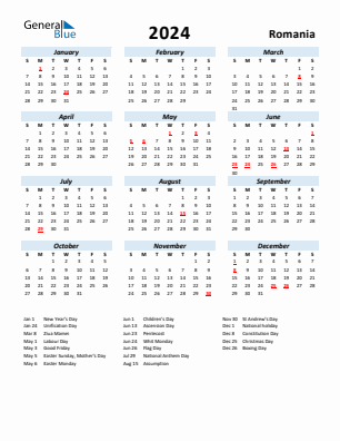Romania current year calendar 2024 with holidays