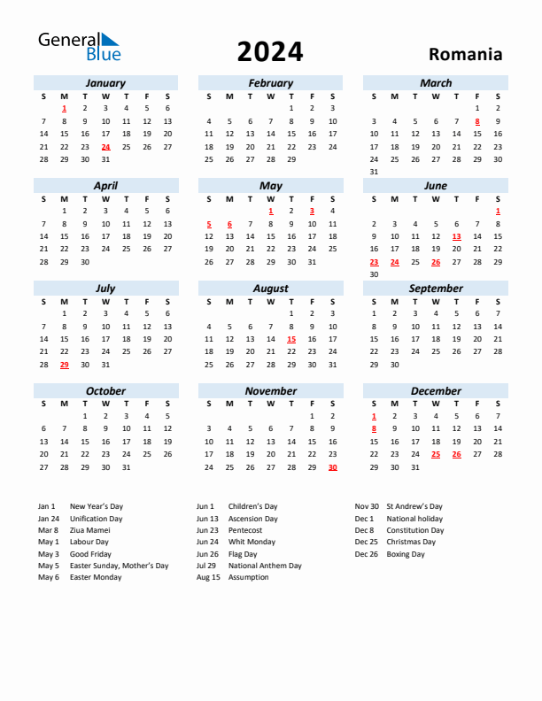 2024 Calendar Blue Script With Holidays Portrait Sunday Start En Ro 612x792 