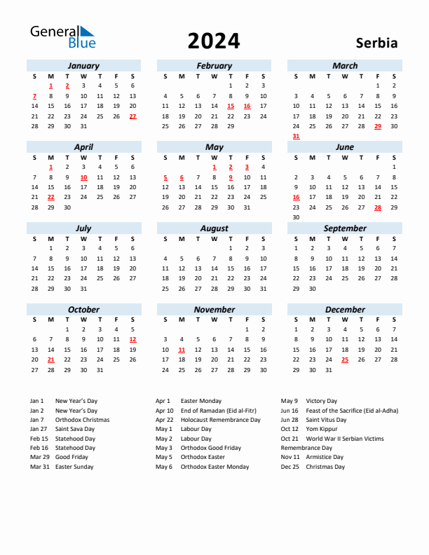 2024 Calendar for Serbia with Holidays