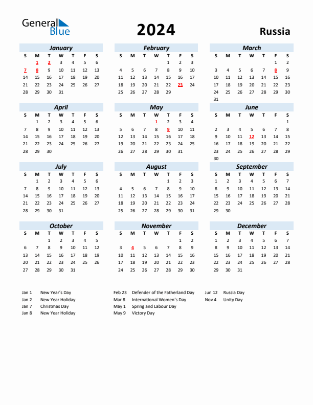 2024 Calendar for Russia with Holidays