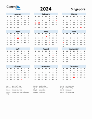 Singapore current year calendar 2024 with holidays