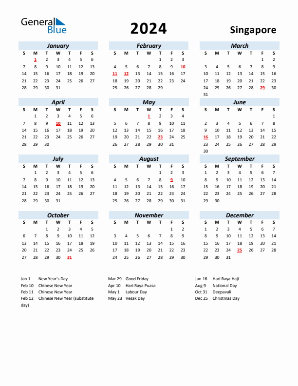 2024 Calendar for Singapore with Holidays