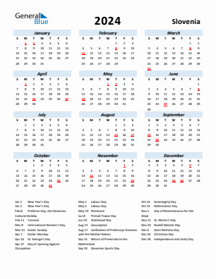 Slovenia current year calendar 2024 with holidays