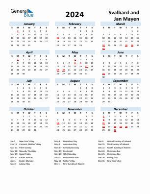 Svalbard and Jan Mayen current year calendar 2024 with holidays