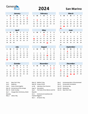 San Marino current year calendar 2024 with holidays