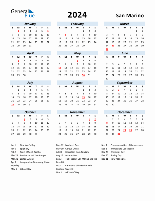 2024 Calendar for San Marino with Holidays