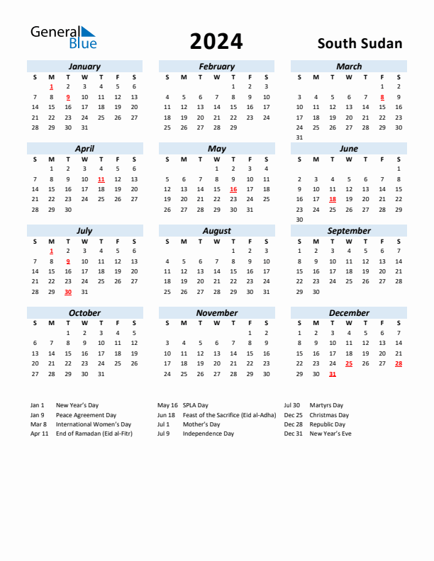 2024 Calendar for South Sudan with Holidays