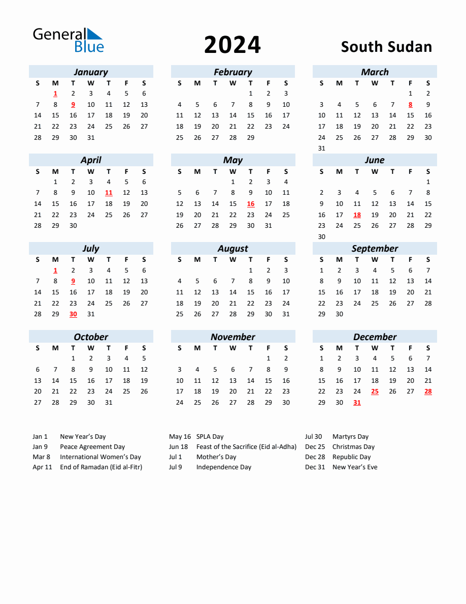 2024 Yearly Calendar for South Sudan with Holidays