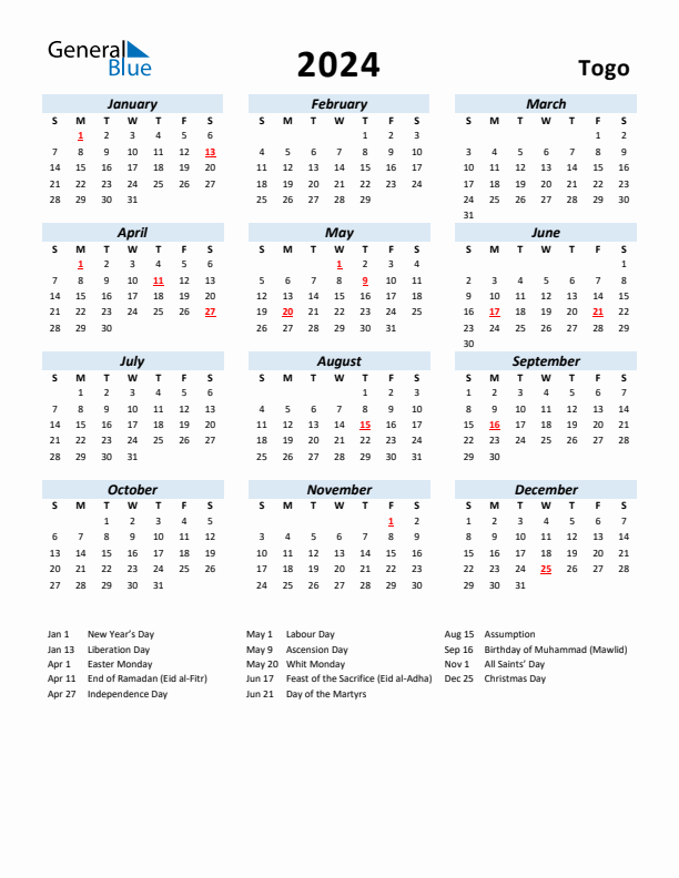 2024 Calendar for Togo with Holidays