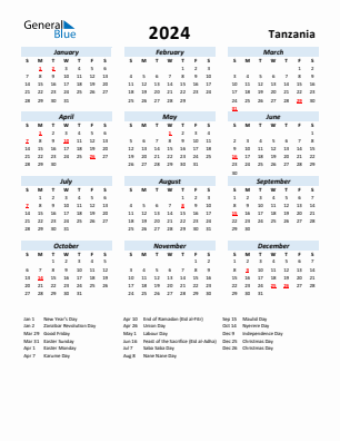 Tanzania current year calendar 2024 with holidays