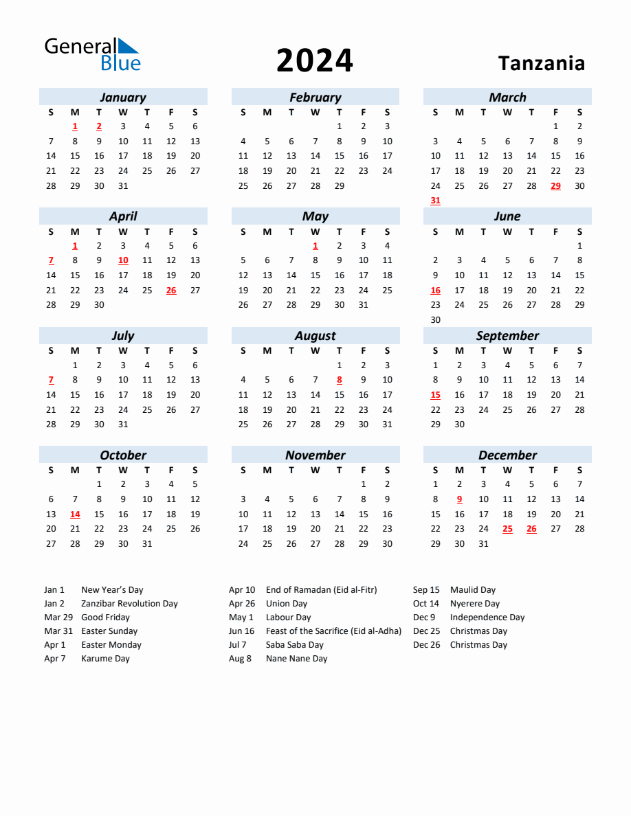 2024 Yearly Calendar for Tanzania with Holidays