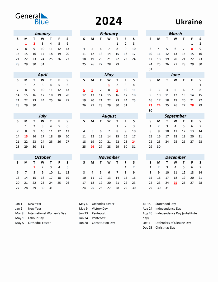 2024 Yearly Calendar for Ukraine with Holidays