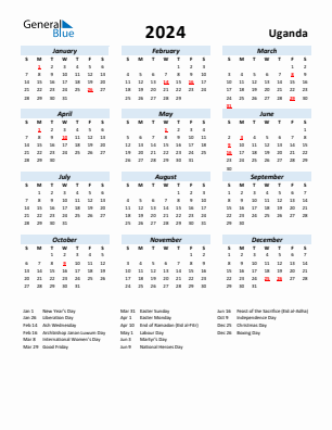 Uganda current year calendar 2024 with holidays