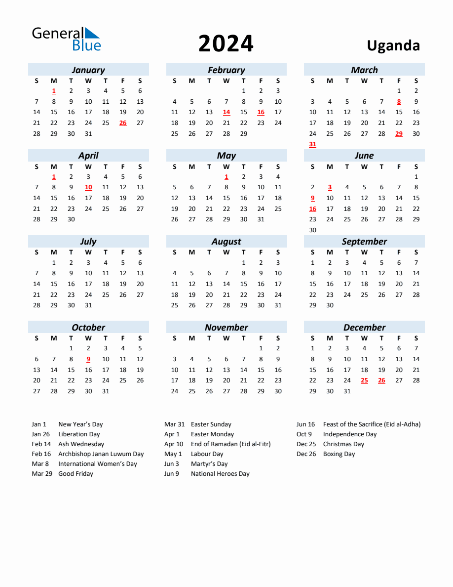 2024 Yearly Calendar for Uganda with Holidays