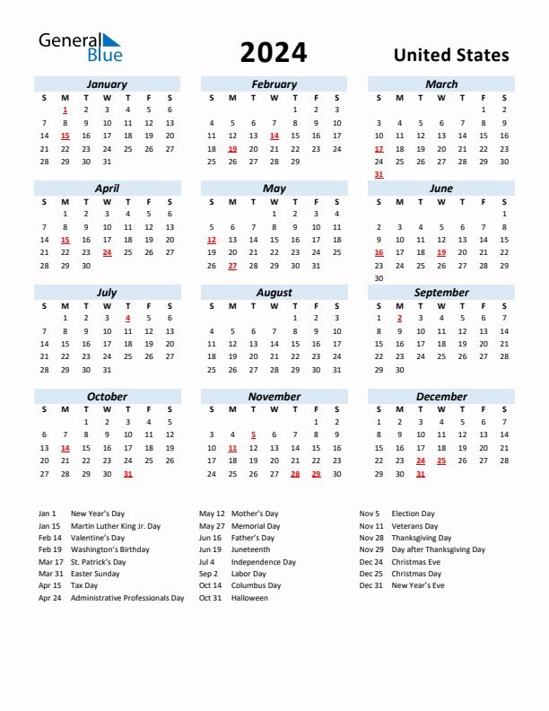 2024 Calendar for United States with Holidays