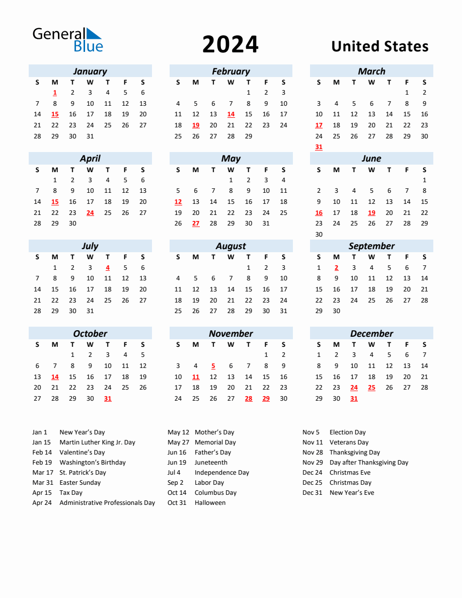 2024 Yearly Calendar for United States with Holidays