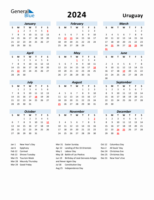 2024 Calendar for Uruguay with Holidays