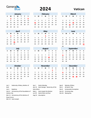 Vatican current year calendar 2024 with holidays