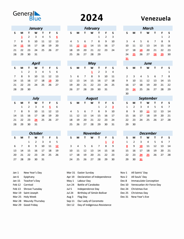 2024 Yearly Calendar for Venezuela with Holidays