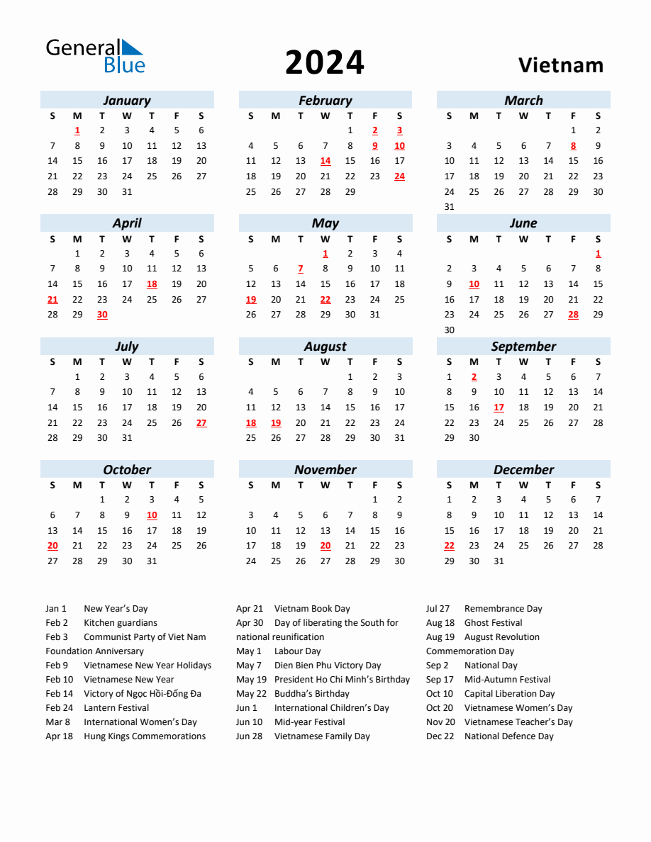 2024 Yearly Calendar for Vietnam with Holidays