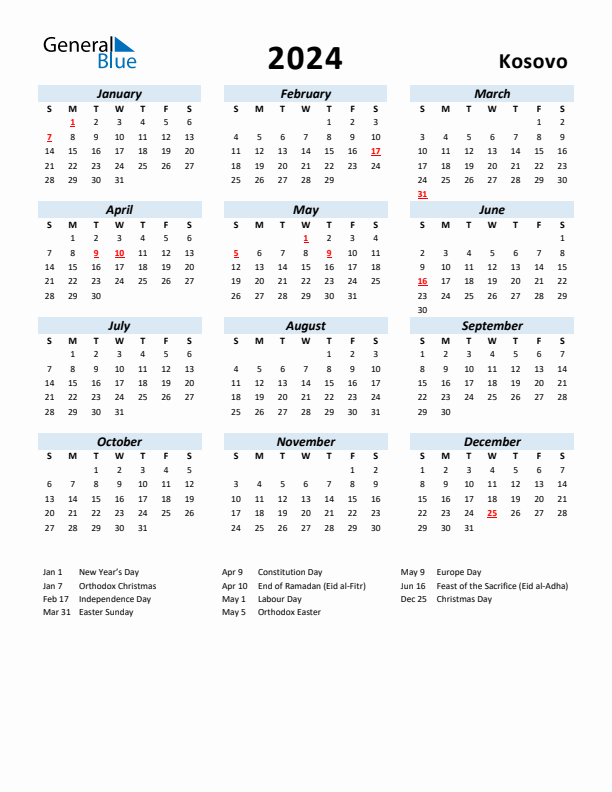 2024 Calendar for Kosovo with Holidays