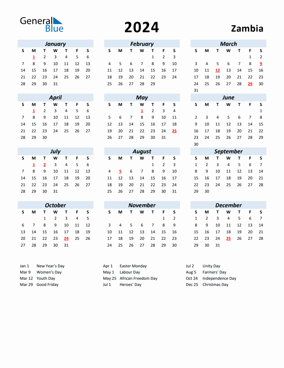 2024 Yearly Calendar for Zambia with Holidays
