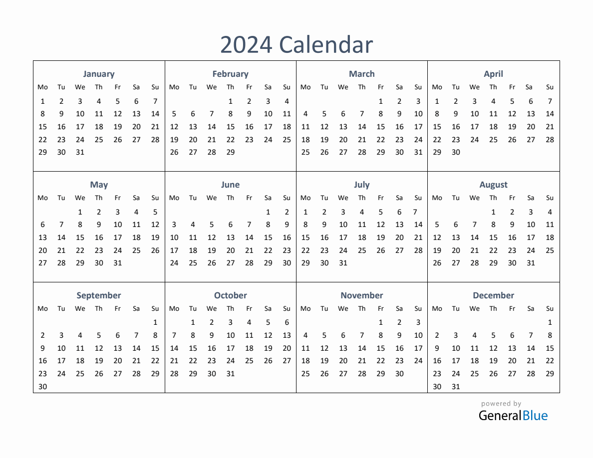 One-Page Yearly Calendar 2024 (PDF Excel Word)