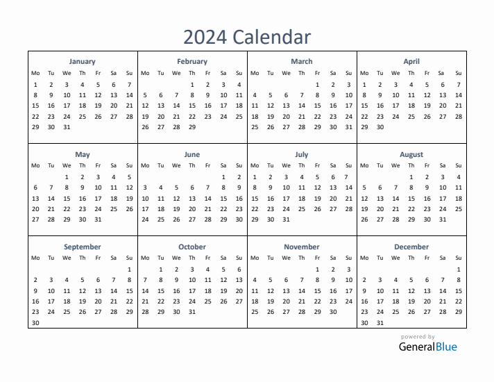 One-Page Yearly Calendar 2024 in PDF, Excel, Word
