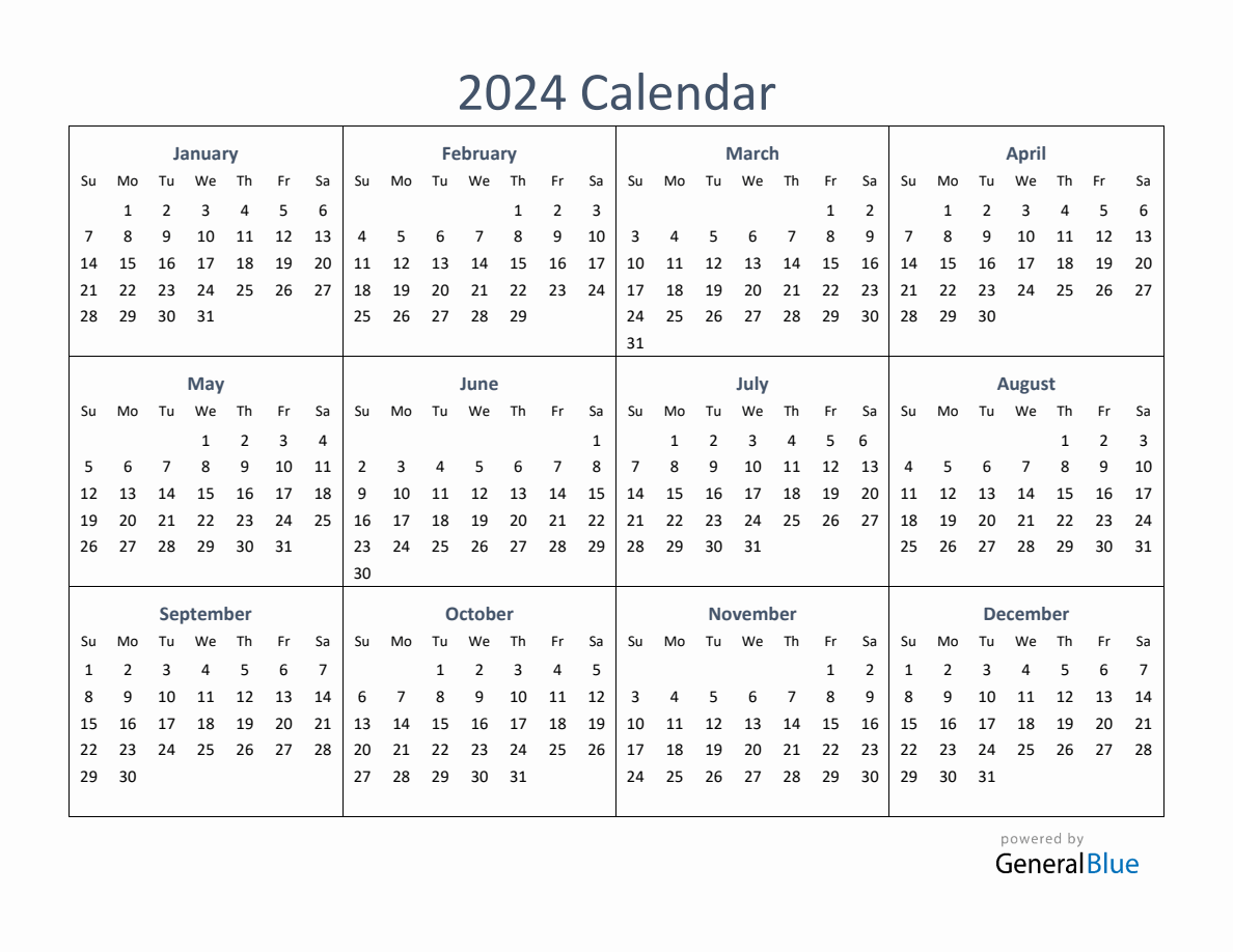 OnePage Yearly Calendar 2024 (PDF Excel Word)