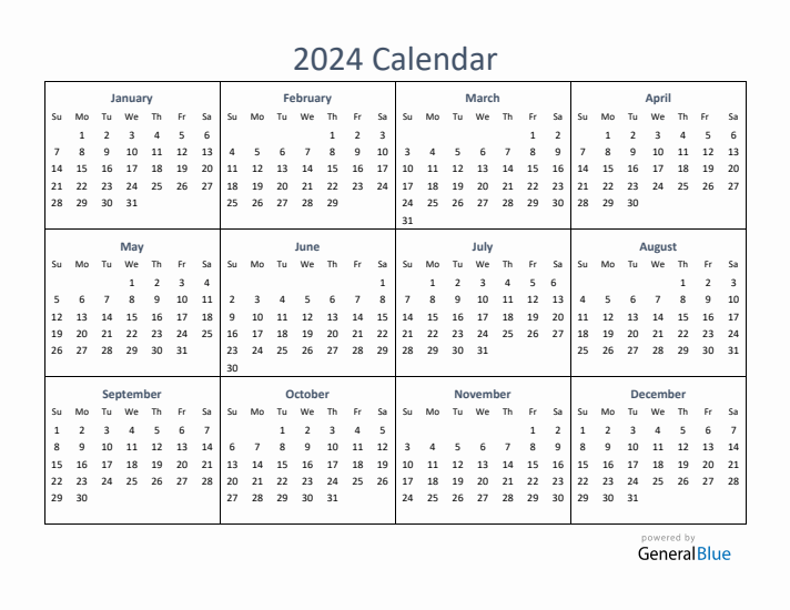 One-Page Yearly Calendar 2024 in PDF, Excel, Word