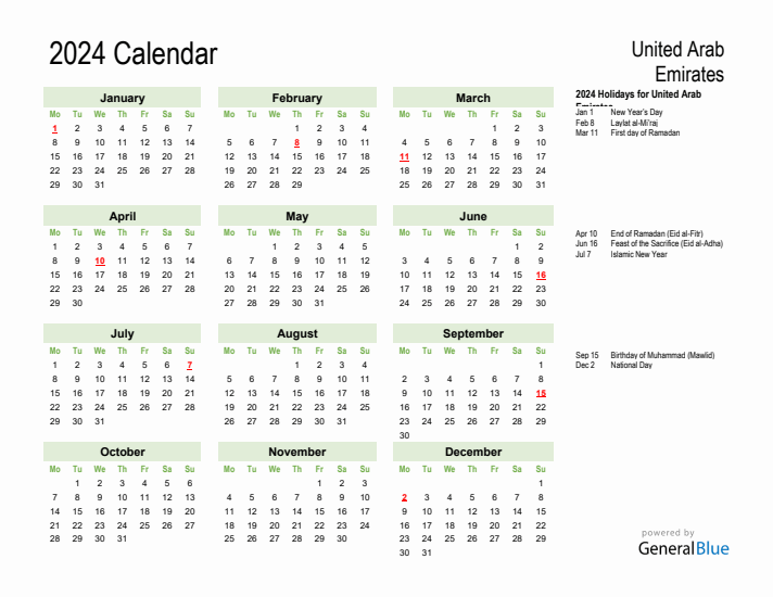 Holiday Calendar 2024 for United Arab Emirates (Monday Start)