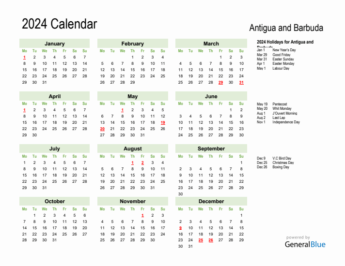 Holiday Calendar 2024 for Antigua and Barbuda (Monday Start)