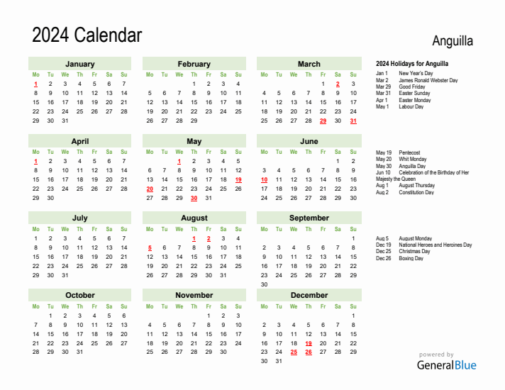 Holiday Calendar 2024 for Anguilla (Monday Start)