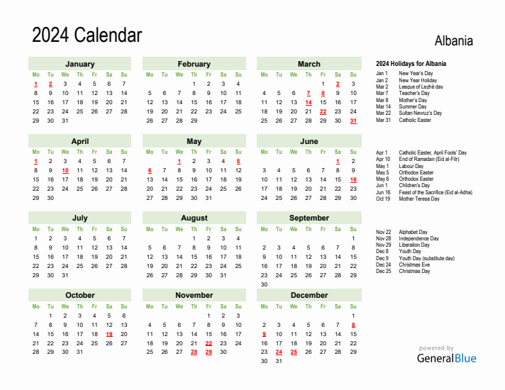 Holiday Calendar 2024 for Albania (Monday Start)