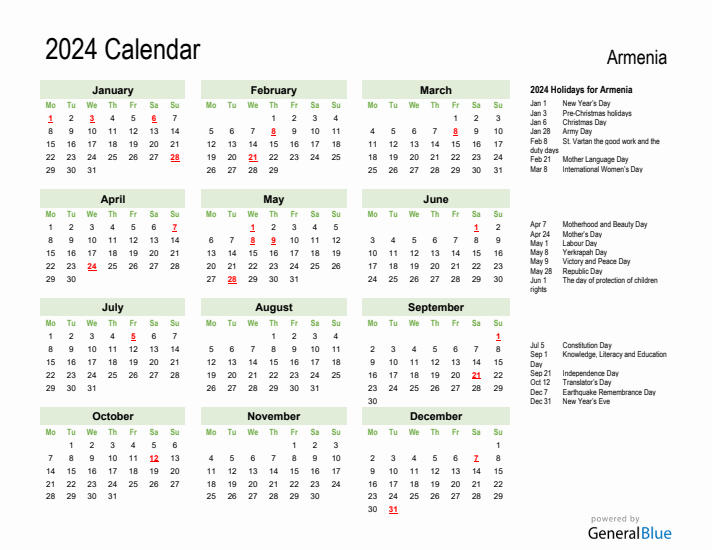 Holiday Calendar 2024 for Armenia (Monday Start)