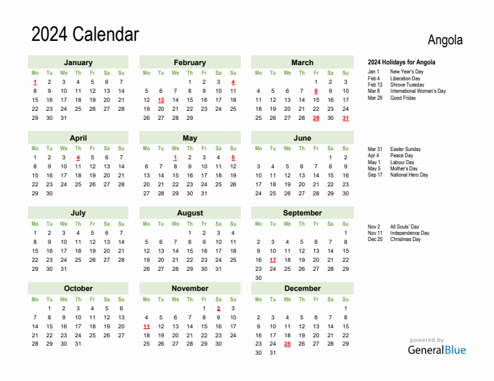 Holiday Calendar 2024 for Angola (Monday Start)