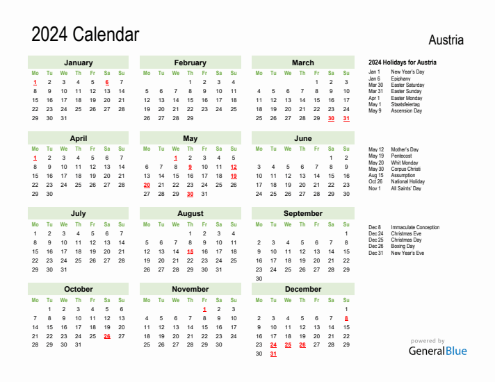 Holiday Calendar 2024 for Austria (Monday Start)