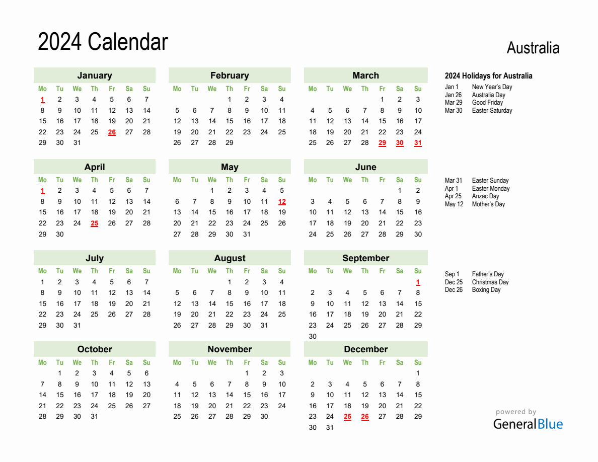 Holiday Calendar 2024 for Australia (Monday Start)