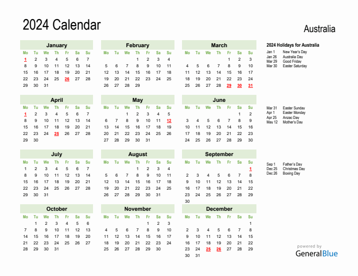 Holiday Calendar 2024 for Australia (Monday Start)