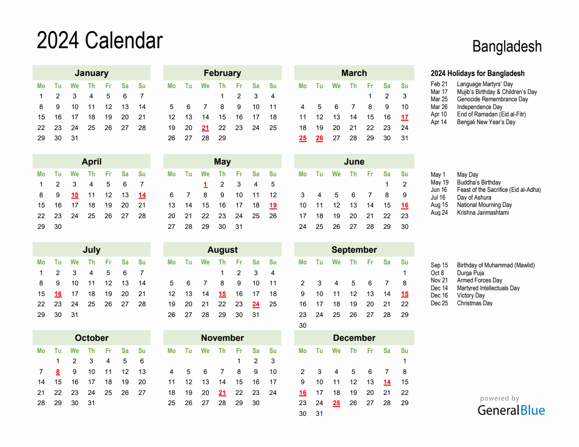 2024 Calendar Green With Holidays Landscape Monday Start En Bd 1188x918 