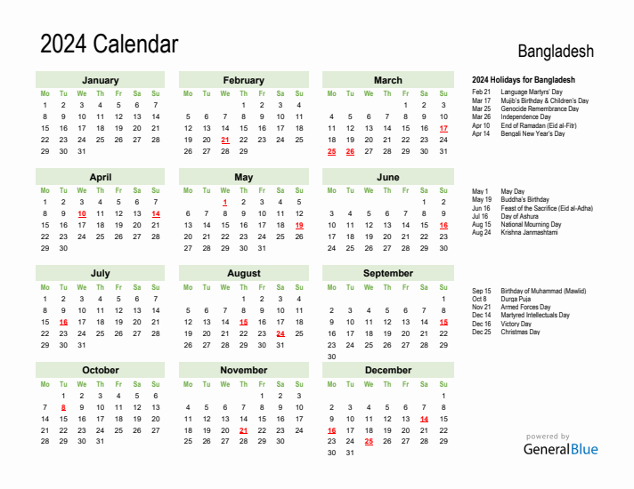 Holiday Calendar 2024 for Bangladesh (Monday Start)