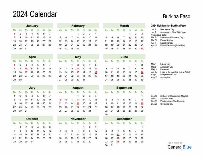 Holiday Calendar 2024 for Burkina Faso (Monday Start)