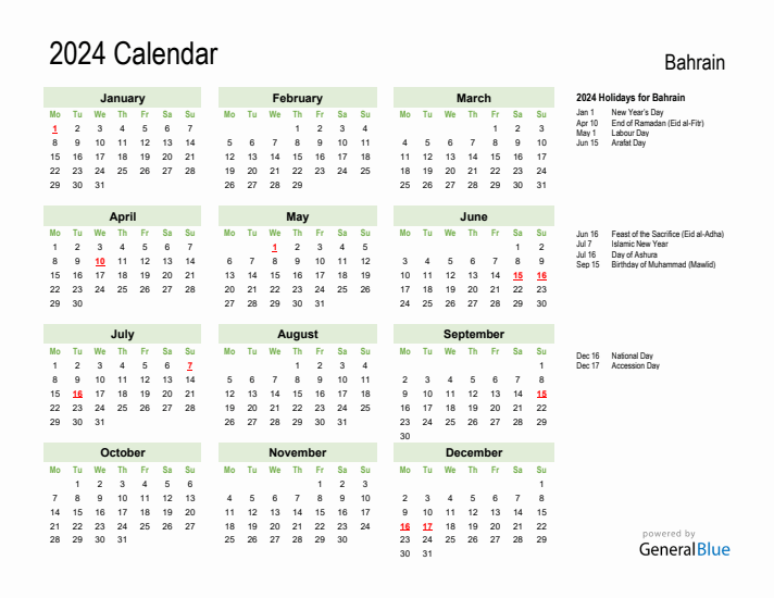 Holiday Calendar 2024 for Bahrain (Monday Start)